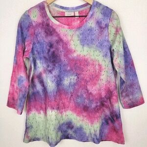 LOGO Layers Tie Dye Pointelle Knit Top Womens S Pink Purple 3/4 Sleeves Boho